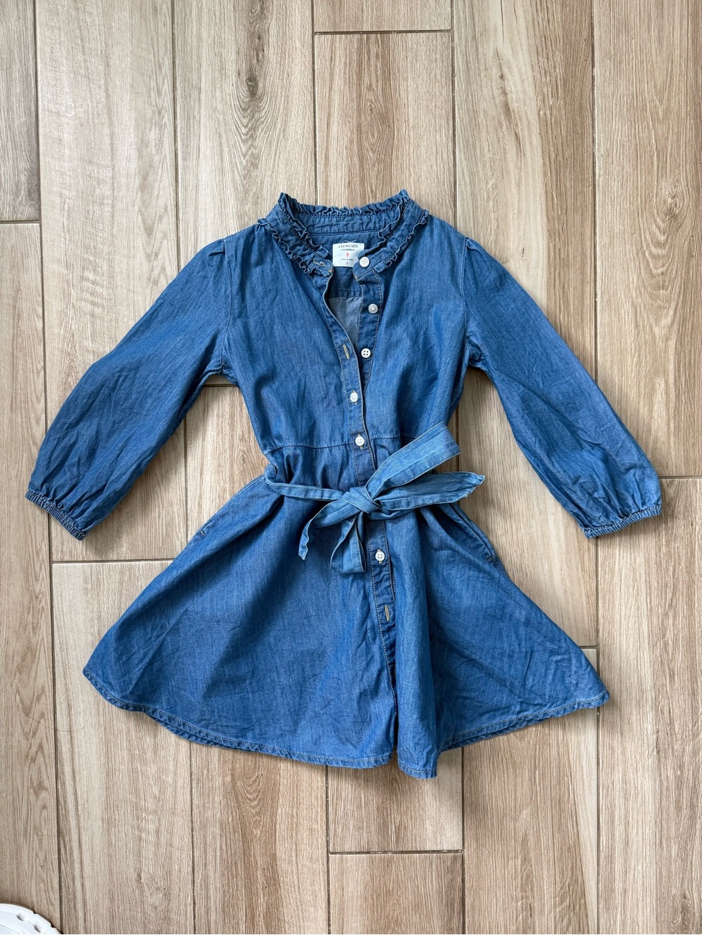 Crewcuts Girls Size 5 Chambray Denim Dress Ruffle Collar Tie Waist Button Front
